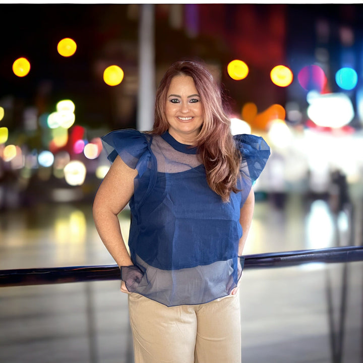 Oversized Navy Ruffle Top-Short Sleeves-Whiskey Ray's Boutique-Whiskey Ray's Boutique, Women's Western Wear Boutique in Waxahachie, TX