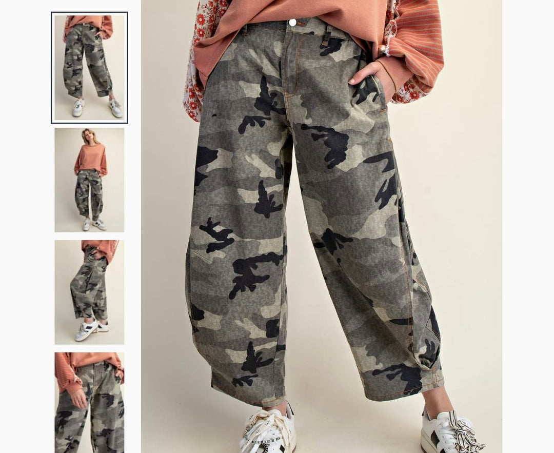 Camo Crush Barrel Pants-Pants-Whiskey Ray's Boutique-Whiskey Ray's Boutique, Women's Western Wear Boutique in Waxahachie, TX
