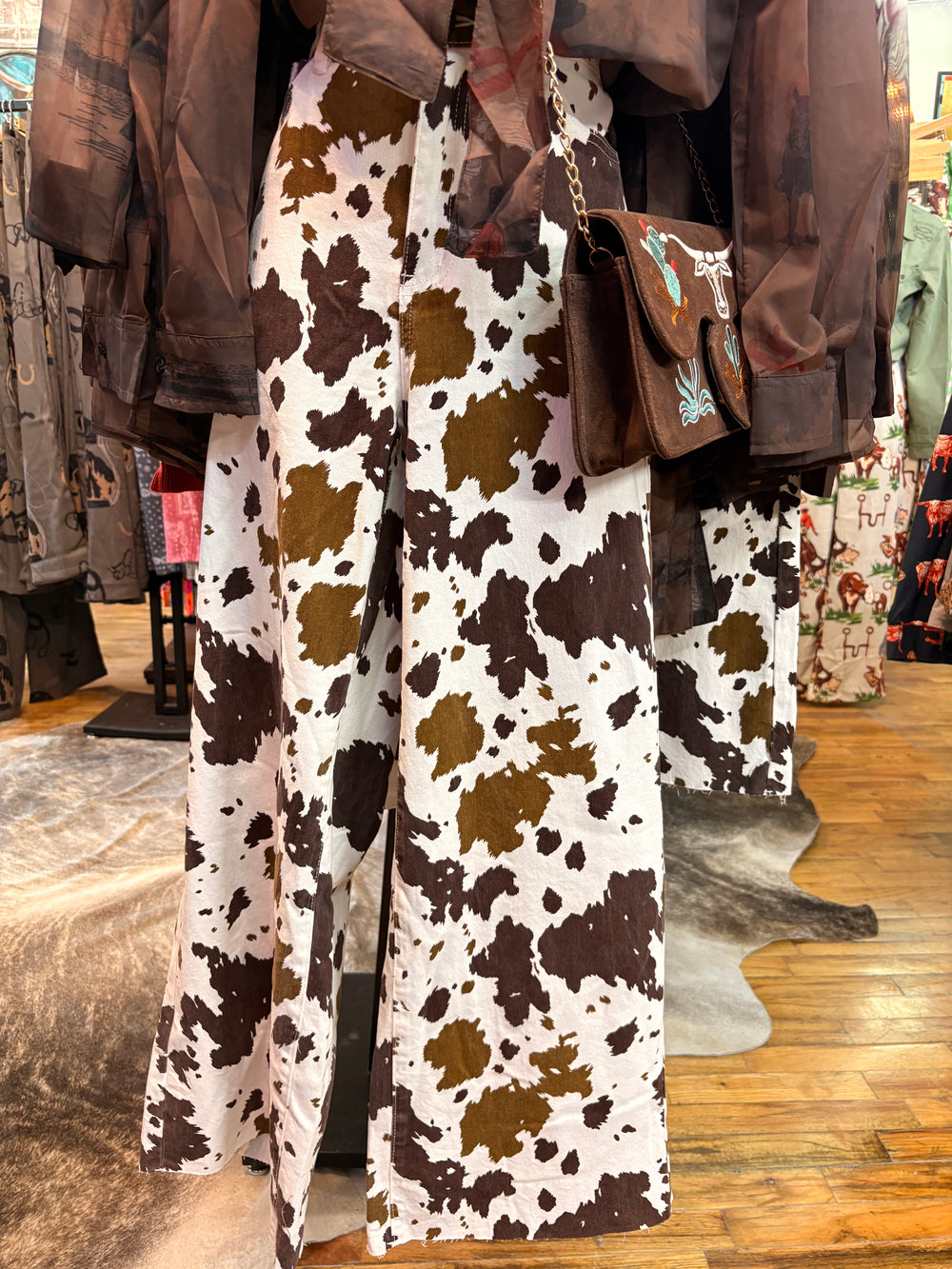 Outlaw Cow Print Wide Leg Jeans-Pants-Whiskey Ray's Boutique-Whiskey Ray's Boutique, Women's Western Wear Boutique in Waxahachie, TX