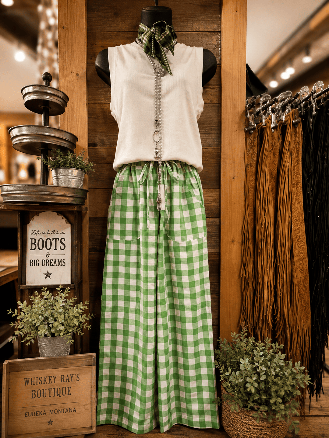Women's Kelly Green Gingham Pant-Pants-Whiskey Ray's Boutique-Whiskey Ray's Boutique, Women's Western Wear Boutique in Waxahachie, TX