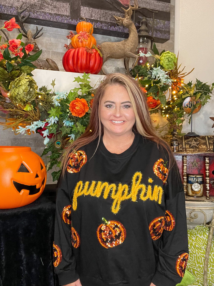 Pumpkin Sequin Sweatshirt-Graphic Tops-Whiskey Ray's Boutique-Whiskey Ray's Boutique, Women's Western Wear Boutique in Waxahachie, TX