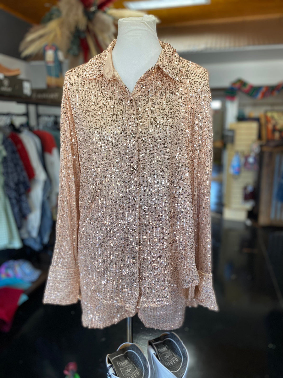 Sequin LS Button Up Top-Long Sleeves-Whiskey Ray's Boutique-Whiskey Ray's Boutique, Women's Western Wear Boutique in Waxahachie, TX