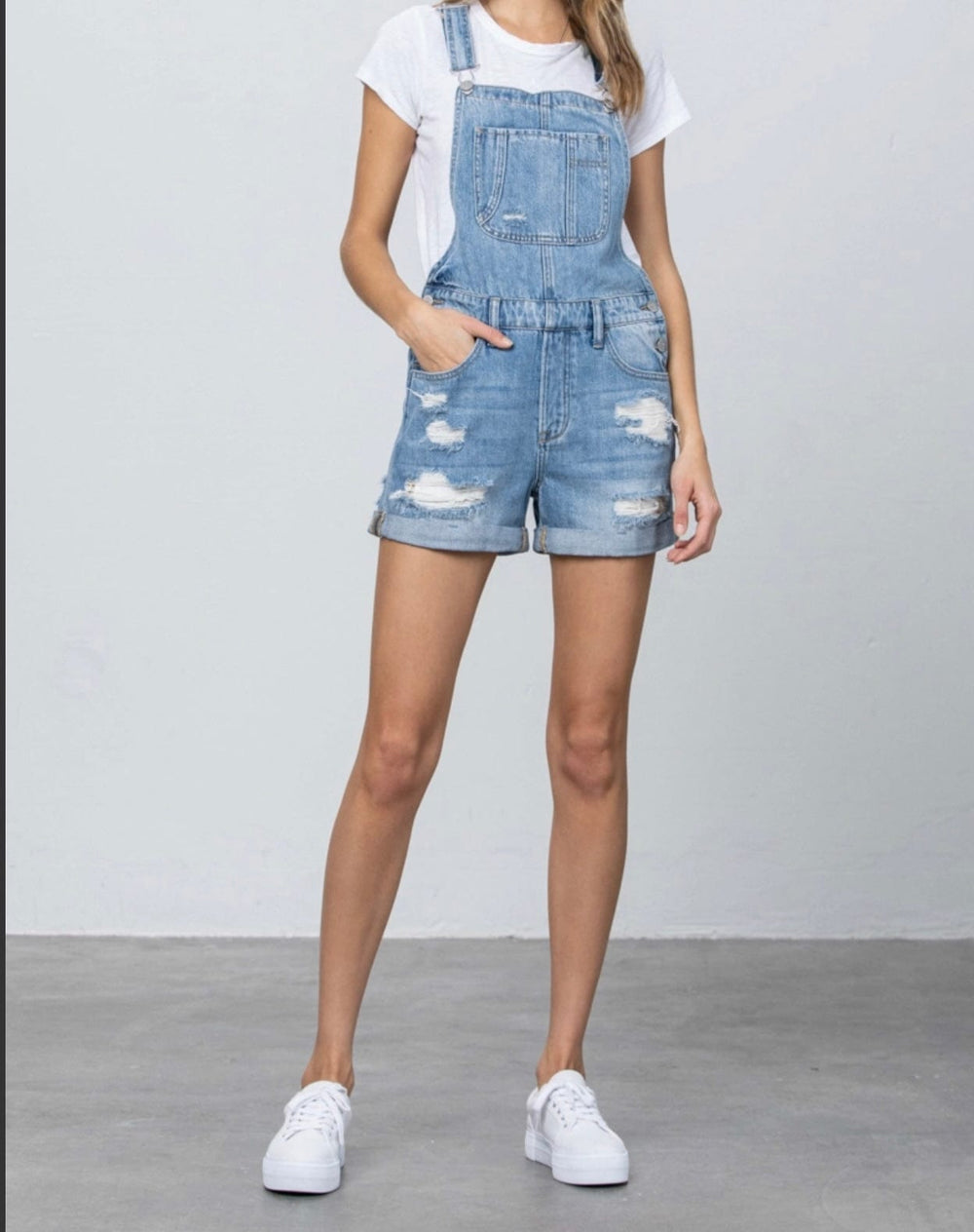 High Rise Roll Up Denim Overall Romper-Shorts-Whiskey Ray's Boutique-Whiskey Ray's Boutique, Women's Western Wear Boutique in Waxahachie, TX