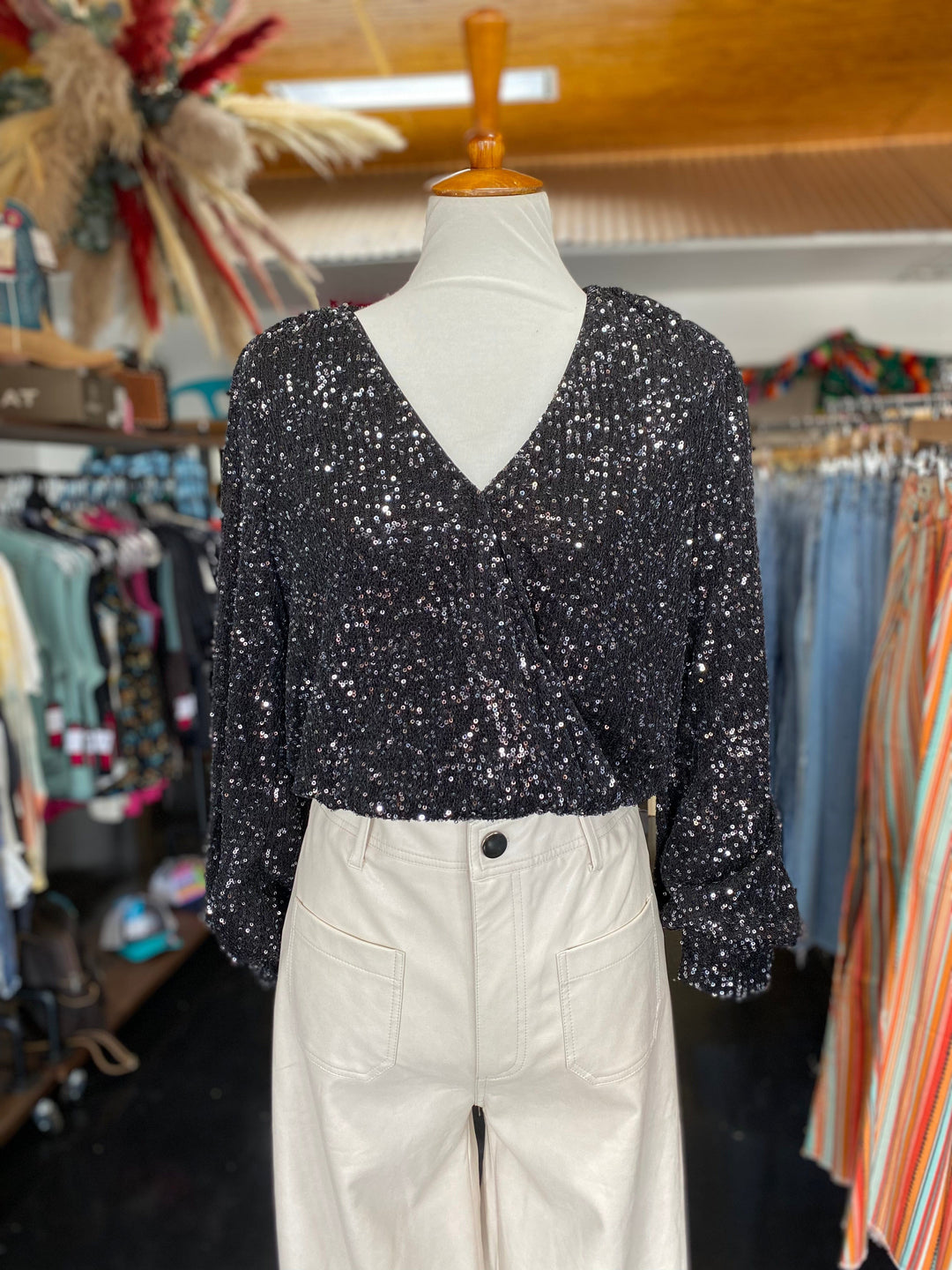Sequin LS Bodysuit - Black-Bodysuits-Whiskey Ray's Boutique-Whiskey Ray's Boutique, Women's Western Wear Boutique in Waxahachie, TX