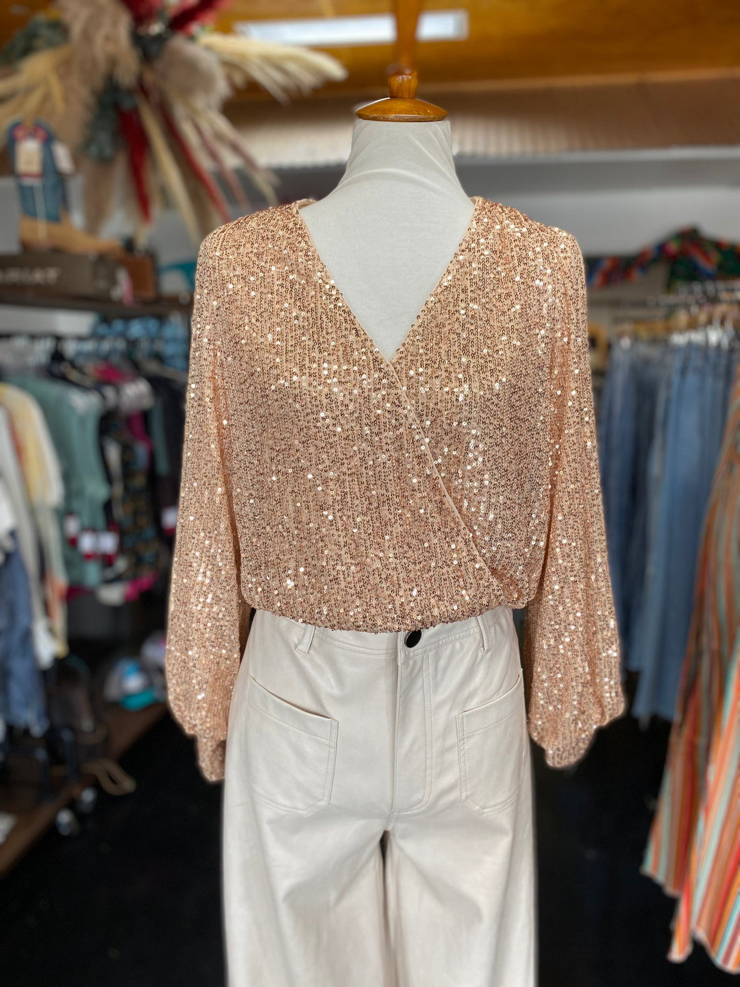 Sequin LS Bodysuit - Champagne-Bodysuits-Whiskey Ray's Boutique-Whiskey Ray's Boutique, Women's Western Wear Boutique in Waxahachie, TX