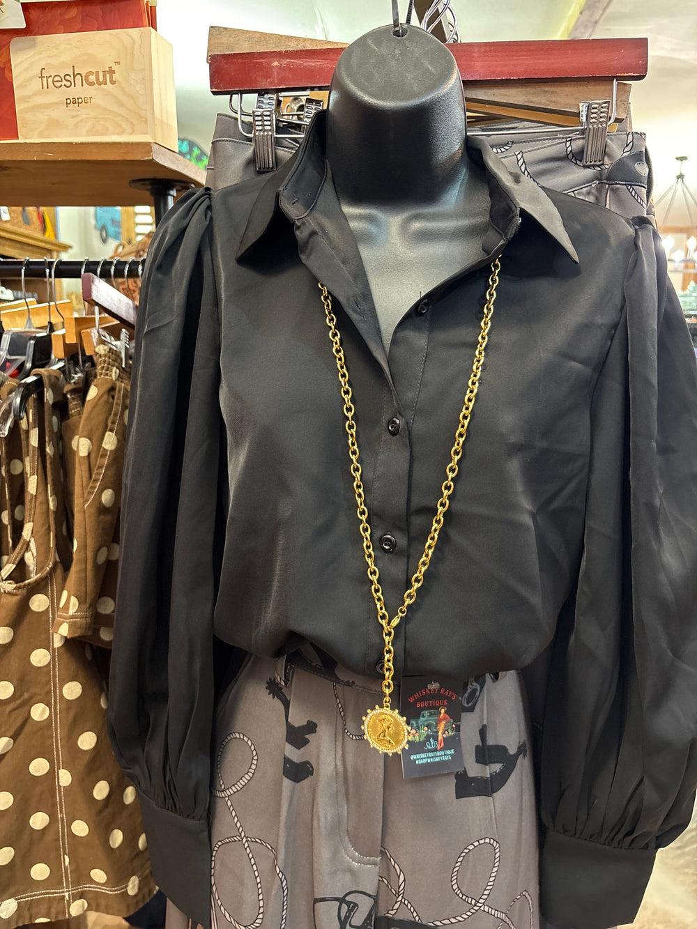 Black Saddle Silk Blouse-Women's top-Whiskey Ray's Boutique-Whiskey Ray's Boutique, Women's Western Wear Boutique in Waxahachie, TX