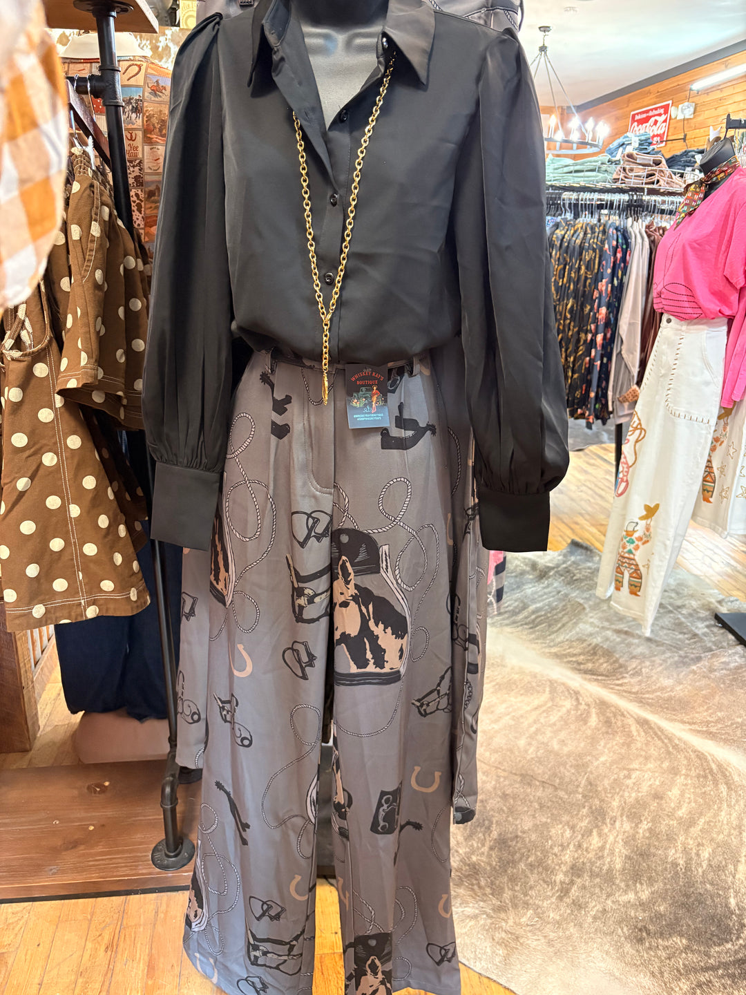 Black Saddle Silk Blouse-Women's top-Whiskey Ray's Boutique-Whiskey Ray's Boutique, Women's Western Wear Boutique in Waxahachie, TX