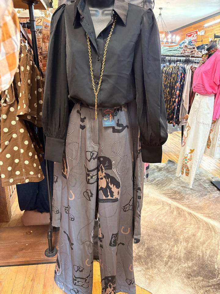 Black Saddle Silk Blouse-Women's top-Whiskey Ray's Boutique-Whiskey Ray's Boutique, Women's Western Wear Boutique in Waxahachie, TX