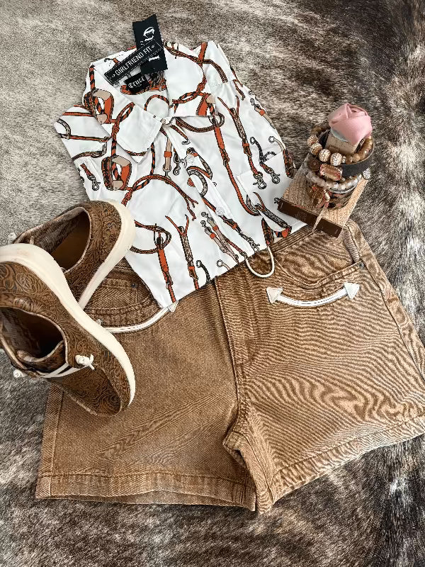 Cruel Denim Women's Equine Print Shirt-Women's top-Whiskey Ray's Boutique-Whiskey Ray's Boutique, Women's Western Wear Boutique in Waxahachie, TX