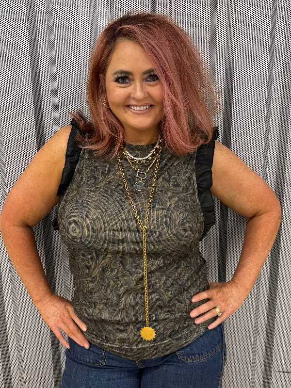 Cruel Denim Women's Ruffle Sleeveless Brown Tank-Women's top-Whiskey Ray's Boutique-Whiskey Ray's Boutique, Women's Western Wear Boutique in Waxahachie, TX