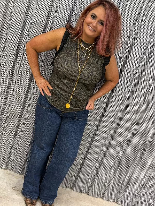 Cruel Denim Women's Ruffle Sleeveless Brown Tank-Women's top-Whiskey Ray's Boutique-Whiskey Ray's Boutique, Women's Western Wear Boutique in Waxahachie, TX