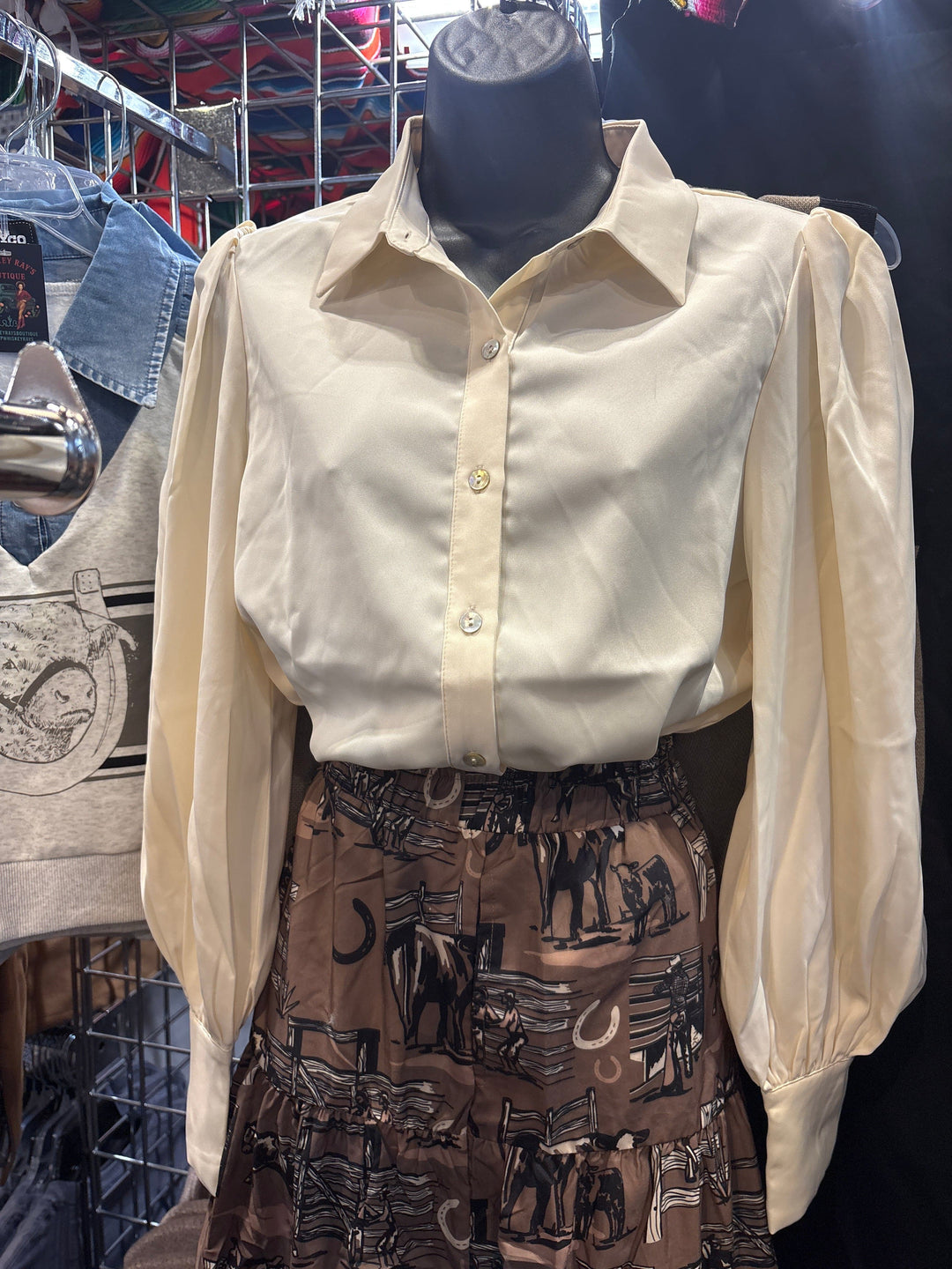 Ivory Saddle Silk Blouse-Women's top-Whiskey Ray's Boutique-Whiskey Ray's Boutique, Women's Western Wear Boutique in Waxahachie, TX