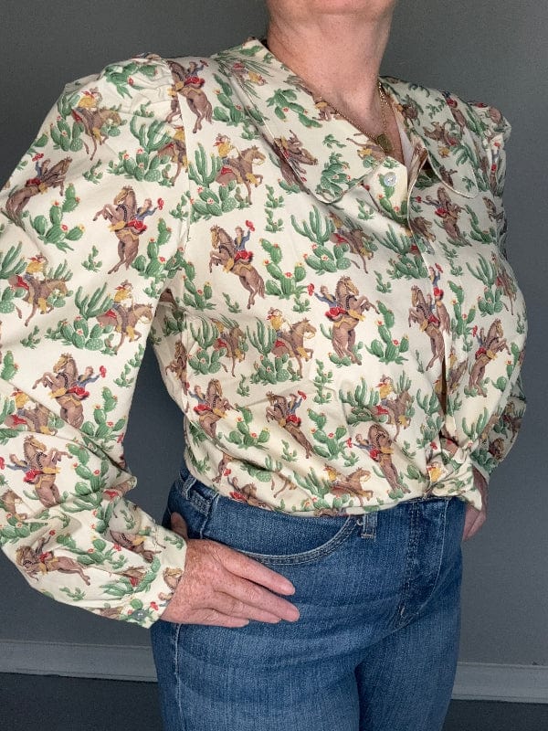Retro Cactus Cowboy Blouse-Women's top-Whiskey Ray's Boutique-Whiskey Ray's Boutique, Women's Western Wear Boutique in Waxahachie, TX