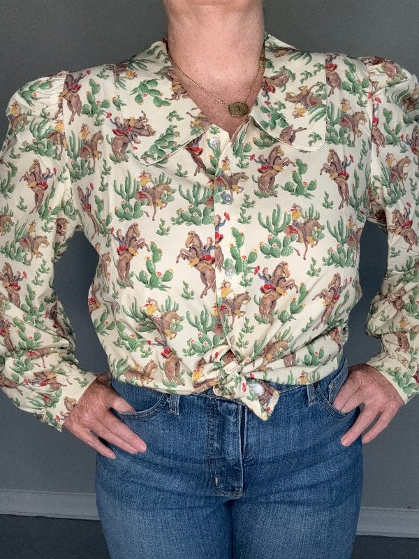 Retro Cactus Cowboy Blouse-Women's top-Whiskey Ray's Boutique-Whiskey Ray's Boutique, Women's Western Wear Boutique in Waxahachie, TX