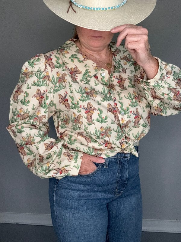 Retro Cactus Cowboy Blouse-Women's top-Whiskey Ray's Boutique-Whiskey Ray's Boutique, Women's Western Wear Boutique in Waxahachie, TX