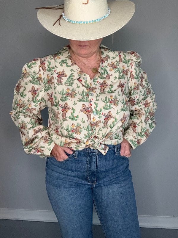 Retro Cactus Cowboy Blouse-Women's top-Whiskey Ray's Boutique-Whiskey Ray's Boutique, Women's Western Wear Boutique in Waxahachie, TX