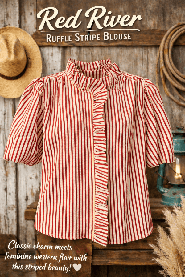 The Red River Ruffle Stripe Blouse-Women's top-Whiskey Ray's Boutique-Whiskey Ray's Boutique, Women's Western Wear Boutique in Waxahachie, TX