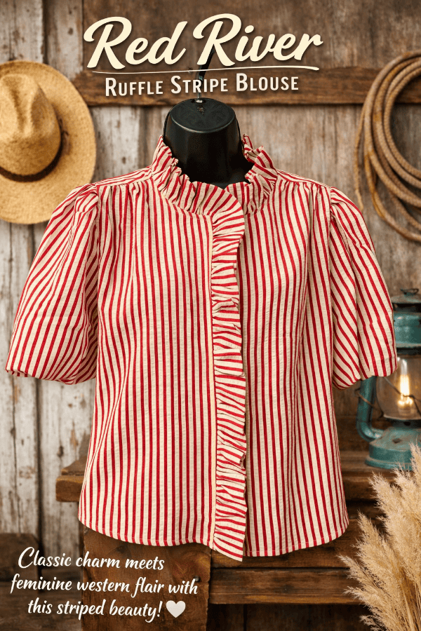The Red River Ruffle Stripe Blouse-Women's top-Whiskey Ray's Boutique-Whiskey Ray's Boutique, Women's Western Wear Boutique in Waxahachie, TX