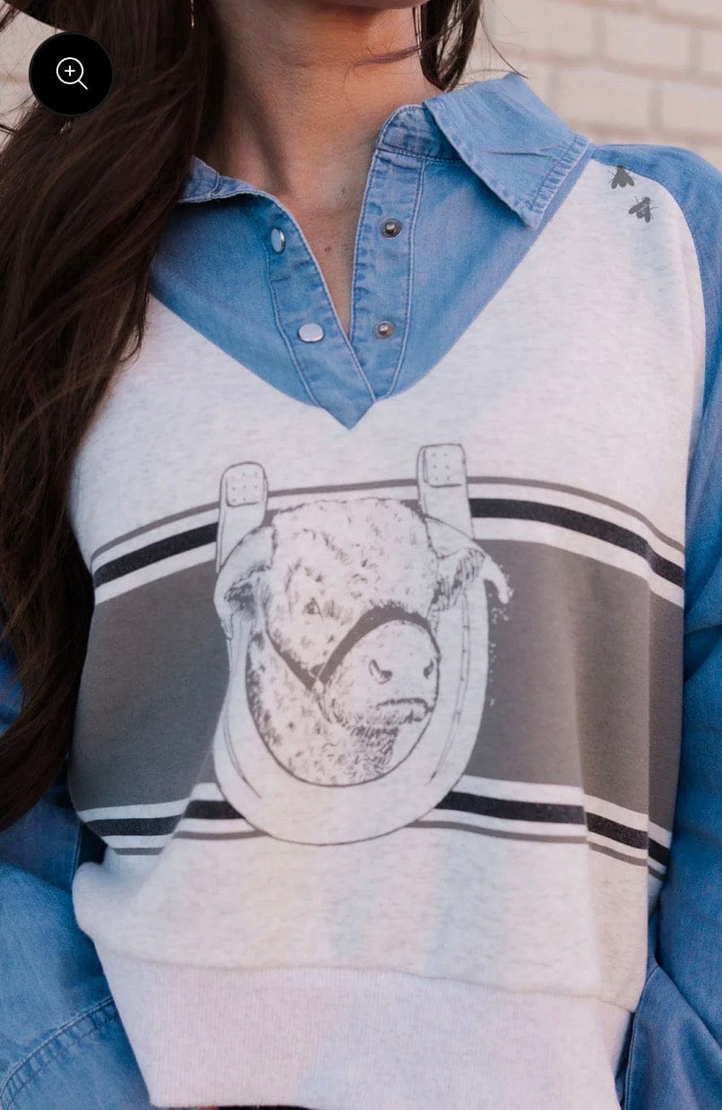 The Stockyards Steer Denim Pullover-Women's top-Whiskey Ray's Boutique-Whiskey Ray's Boutique, Women's Western Wear Boutique in Waxahachie, TX