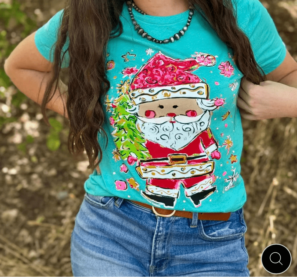 Turquoise Jolly Santa Tee-Women's top-Whiskey Ray's Boutique-Whiskey Ray's Boutique, Women's Western Wear Boutique in Waxahachie, TX