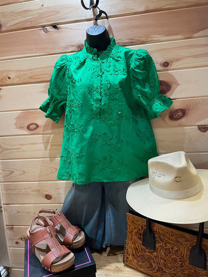 Women's Button Up Green Lace Accent Blouse-Women's top-Whiskey Ray's Boutique-Whiskey Ray's Boutique, Women's Western Wear Boutique in Waxahachie, TX
