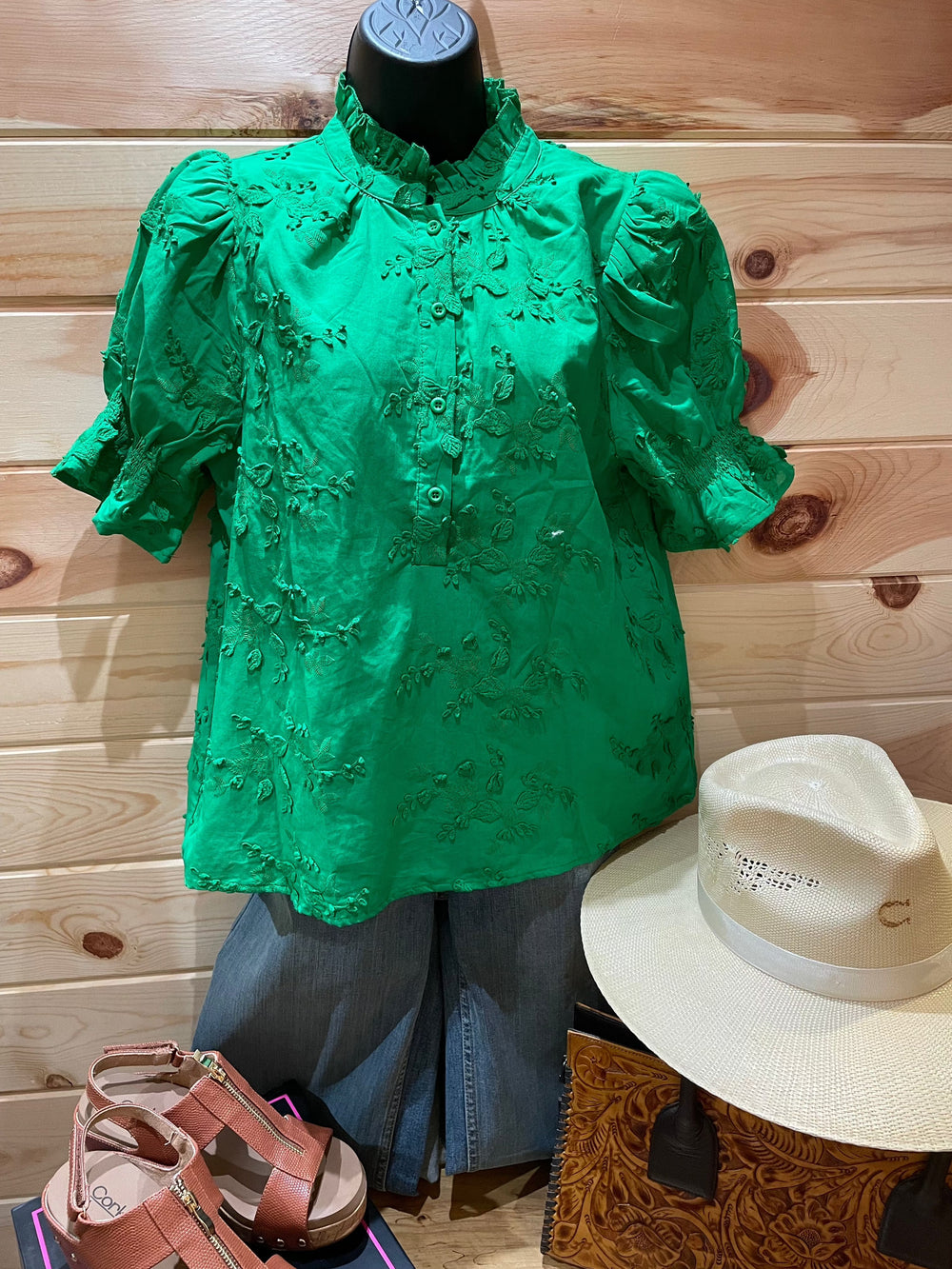 Women's Button Up Green Lace Accent Blouse-Women's top-Whiskey Ray's Boutique-Whiskey Ray's Boutique, Women's Western Wear Boutique in Waxahachie, TX