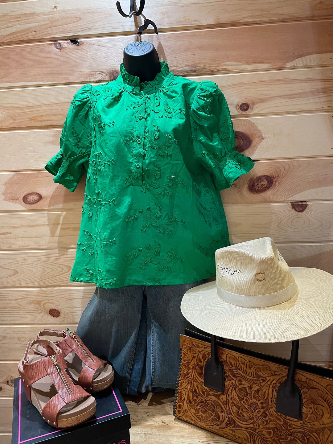Women's Button Up Green Lace Accent Blouse-Women's top-Whiskey Ray's Boutique-Whiskey Ray's Boutique, Women's Western Wear Boutique in Waxahachie, TX