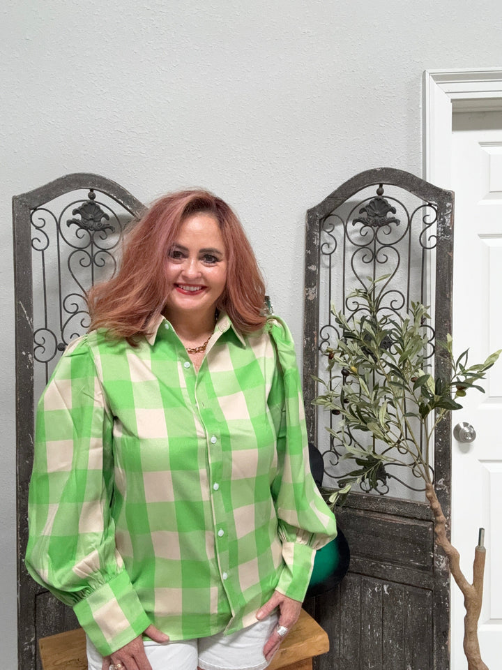 Women's Green Gingham Blouse-Women's top-Whiskey Ray's Boutique-Whiskey Ray's Boutique, Women's Western Wear Boutique in Waxahachie, TX