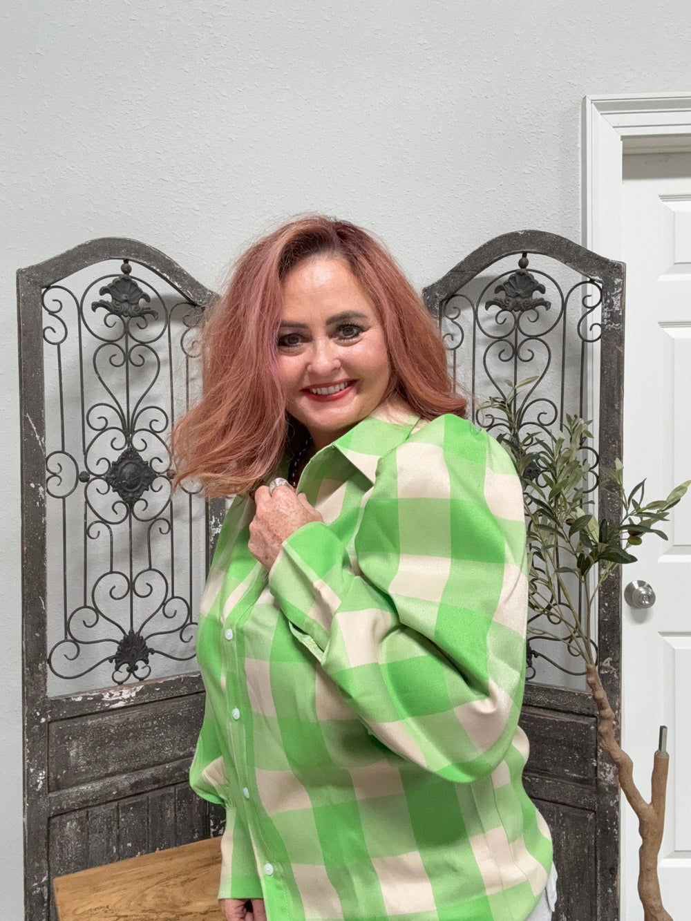 Women's Green Gingham Blouse-Women's top-Whiskey Ray's Boutique-Whiskey Ray's Boutique, Women's Western Wear Boutique in Waxahachie, TX