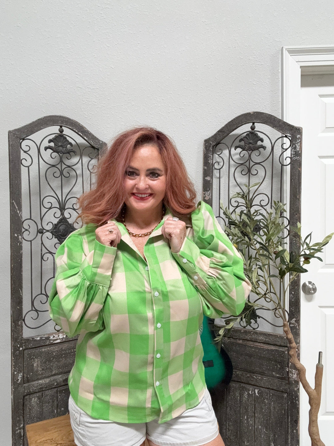 Women's Green Gingham Blouse-Women's top-Whiskey Ray's Boutique-Whiskey Ray's Boutique, Women's Western Wear Boutique in Waxahachie, TX