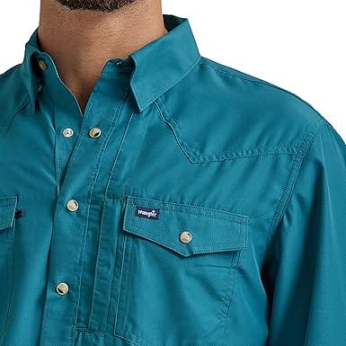 Wrangler® Performance Long Sleeve Shirt - Teal-Men's Shirts-Wrangler-Whiskey Ray's Boutique, Women's Western Wear Boutique in Waxahachie, TX