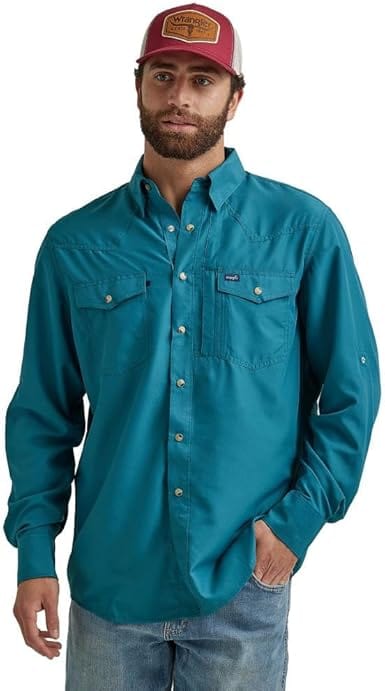 Wrangler® Performance Long Sleeve Shirt - Teal-Men's Shirts-Wrangler-Whiskey Ray's Boutique, Women's Western Wear Boutique in Waxahachie, TX