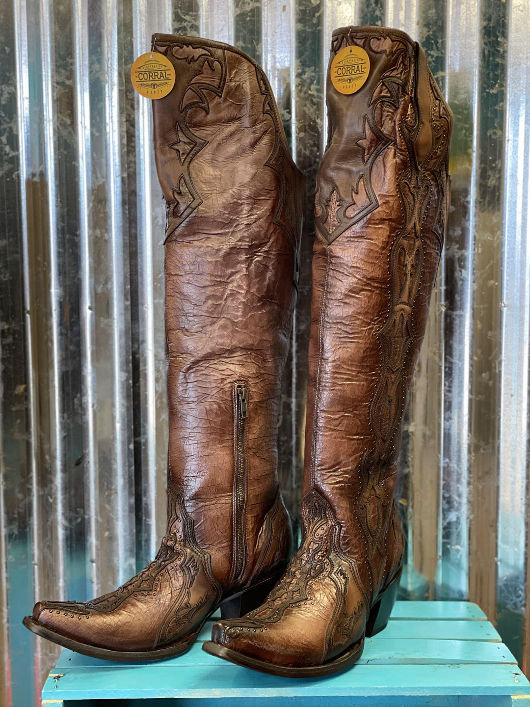 Corral Chocolate Overlay & Embroidered Western Boots-Boots-Corral-Whiskey Ray's Boutique, Women's Western Wear Boutique in Waxahachie, TX