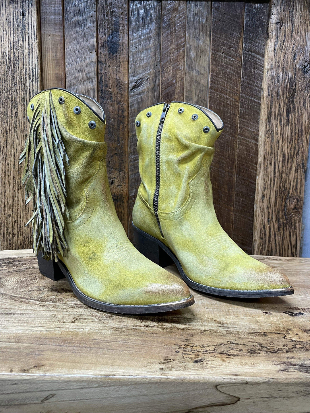 Corral Yellow Studs & Fringe Booties-Boots-Coral-Whiskey Ray's Boutique, Women's Western Wear Boutique in Waxahachie, TX