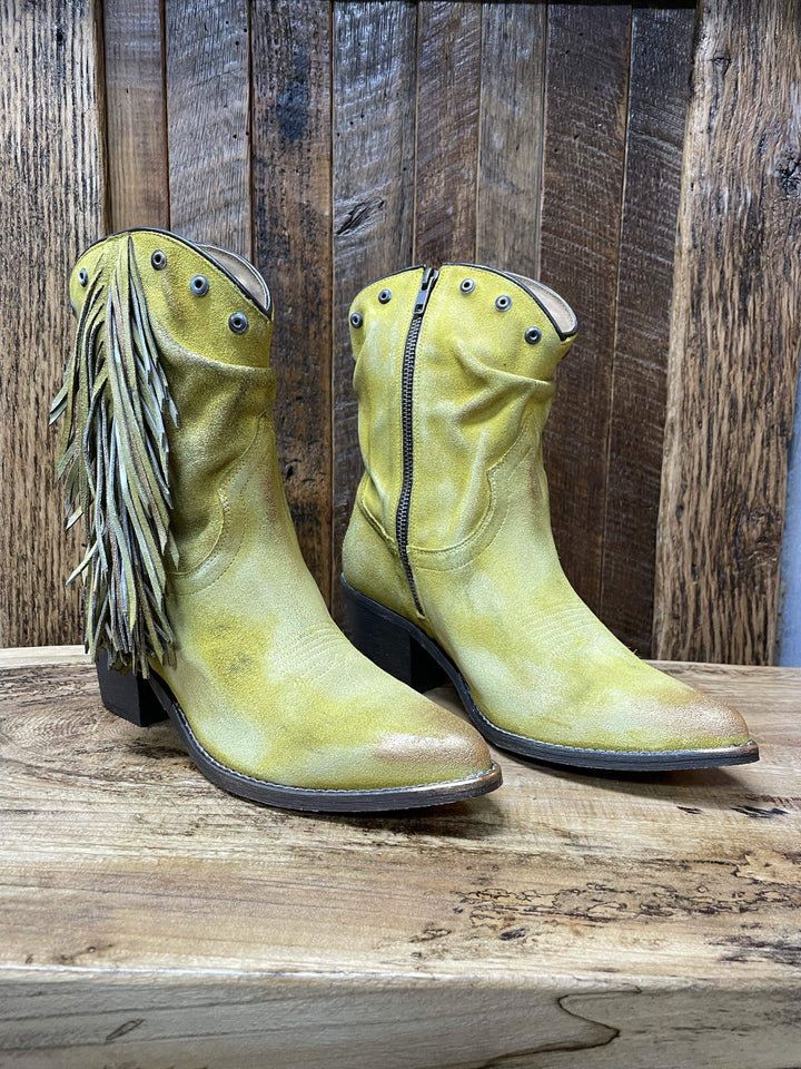 Corral Yellow Studs & Fringe Booties-Boots-Coral-Whiskey Ray's Boutique, Women's Western Wear Boutique in Waxahachie, TX