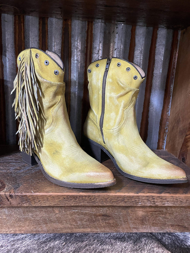 Corral Yellow Studs & Fringe Booties-Boots-Coral-Whiskey Ray's Boutique, Women's Western Wear Boutique in Waxahachie, TX