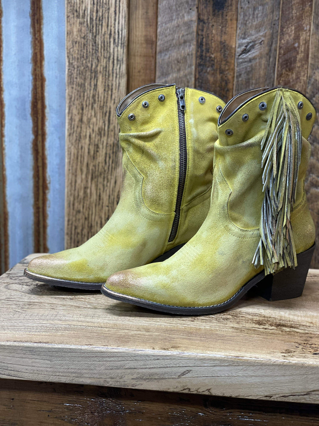 Corral Yellow Studs & Fringe Booties-Boots-Coral-Whiskey Ray's Boutique, Women's Western Wear Boutique in Waxahachie, TX