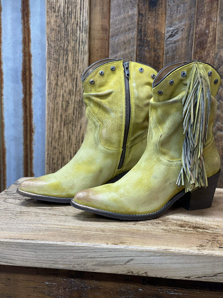 Corral Yellow Studs & Fringe Booties-Boots-Coral-Whiskey Ray's Boutique, Women's Western Wear Boutique in Waxahachie, TX