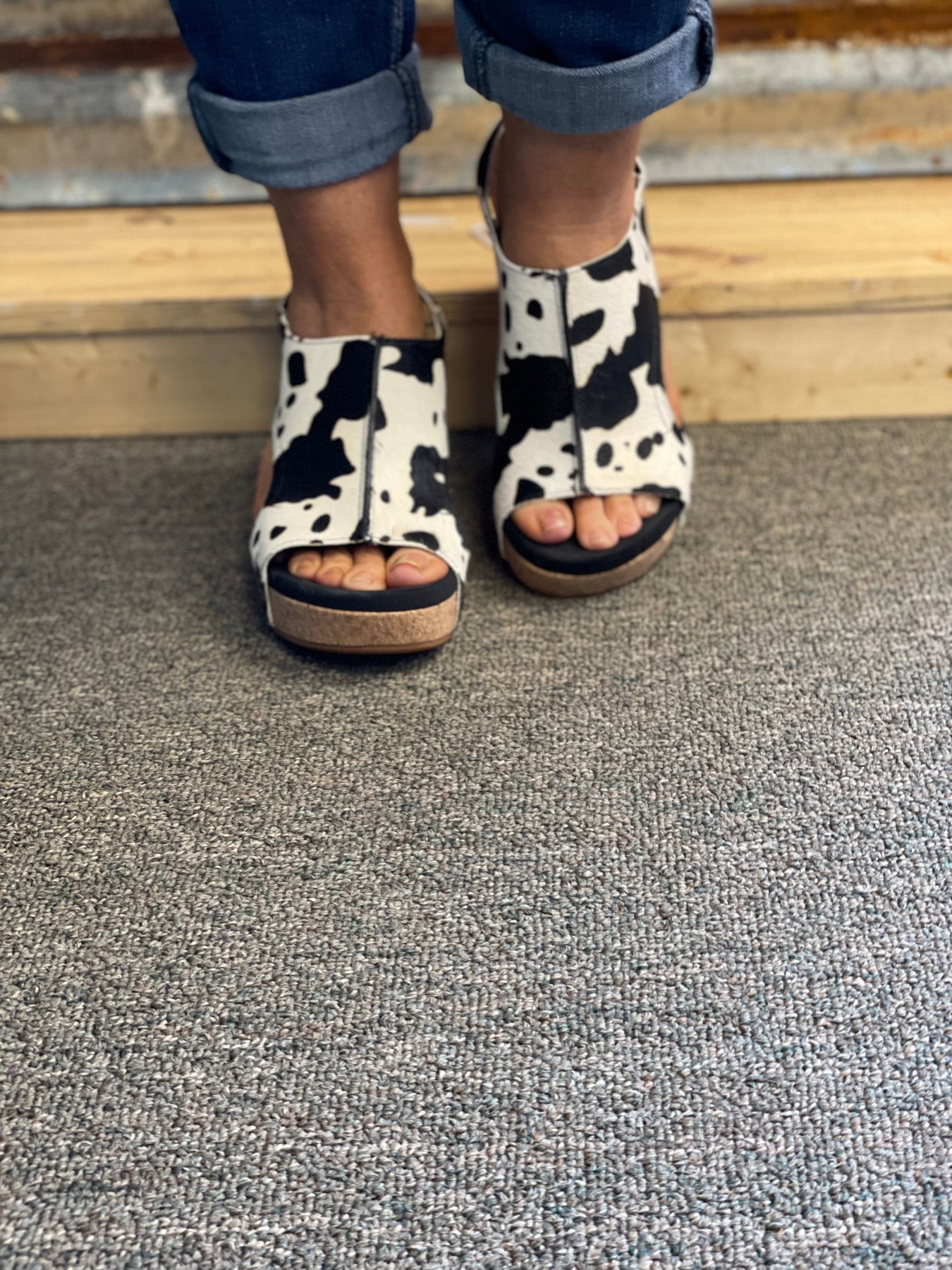 Cow print top wedges