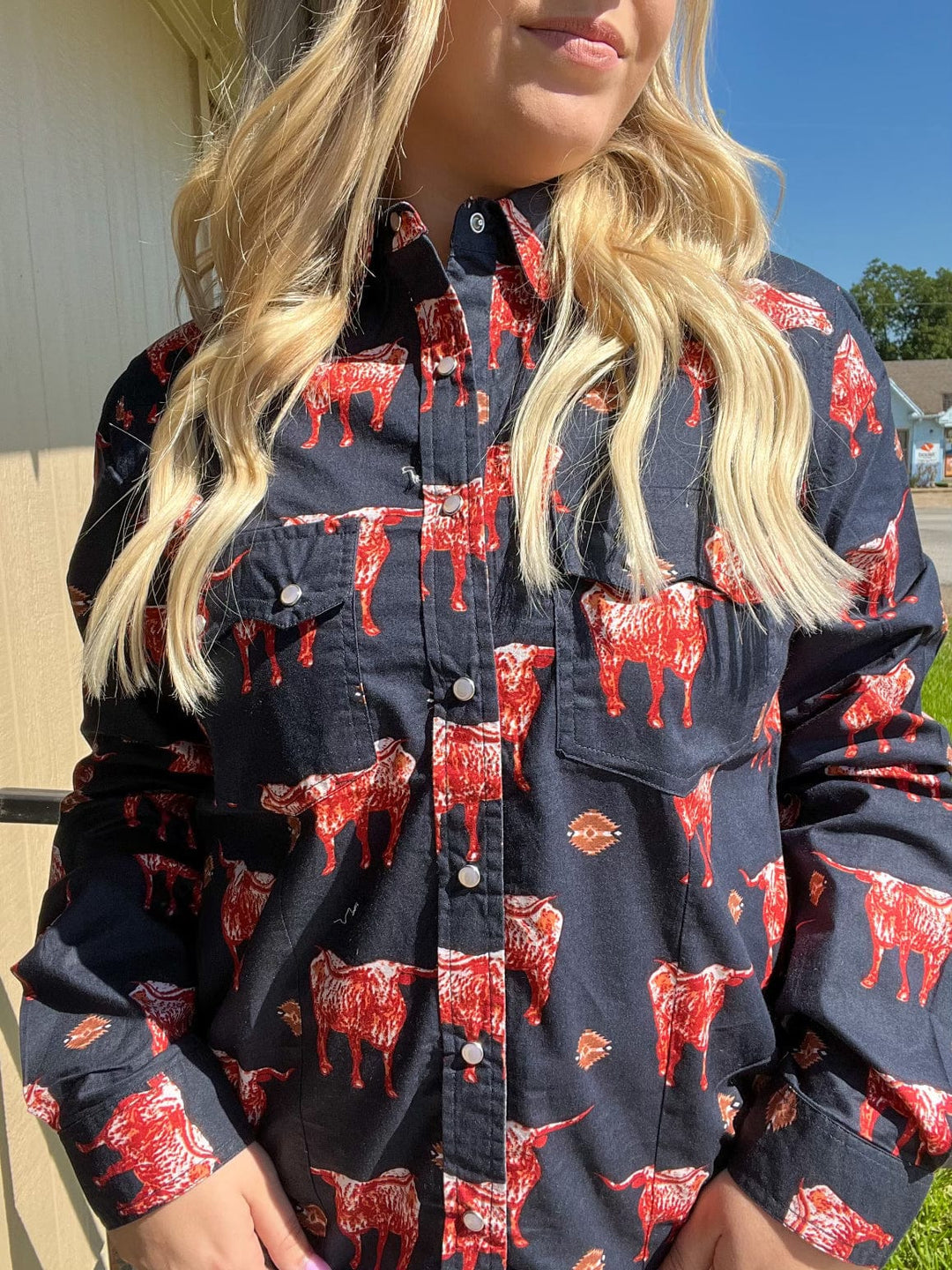 Navy Longhorn Pearl Snap Shirt-Long Sleeves-Cotton & Rye-Whiskey Ray's Boutique, Women's Western Wear Boutique in Waxahachie, TX