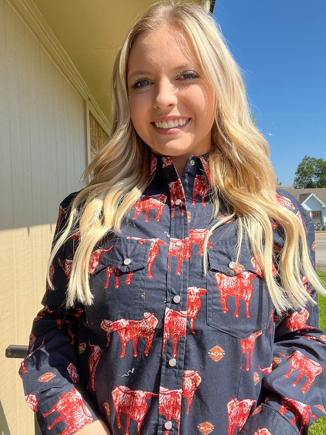Navy Longhorn Pearl Snap Shirt-Long Sleeves-Cotton & Rye-Whiskey Ray's Boutique, Women's Western Wear Boutique in Waxahachie, TX