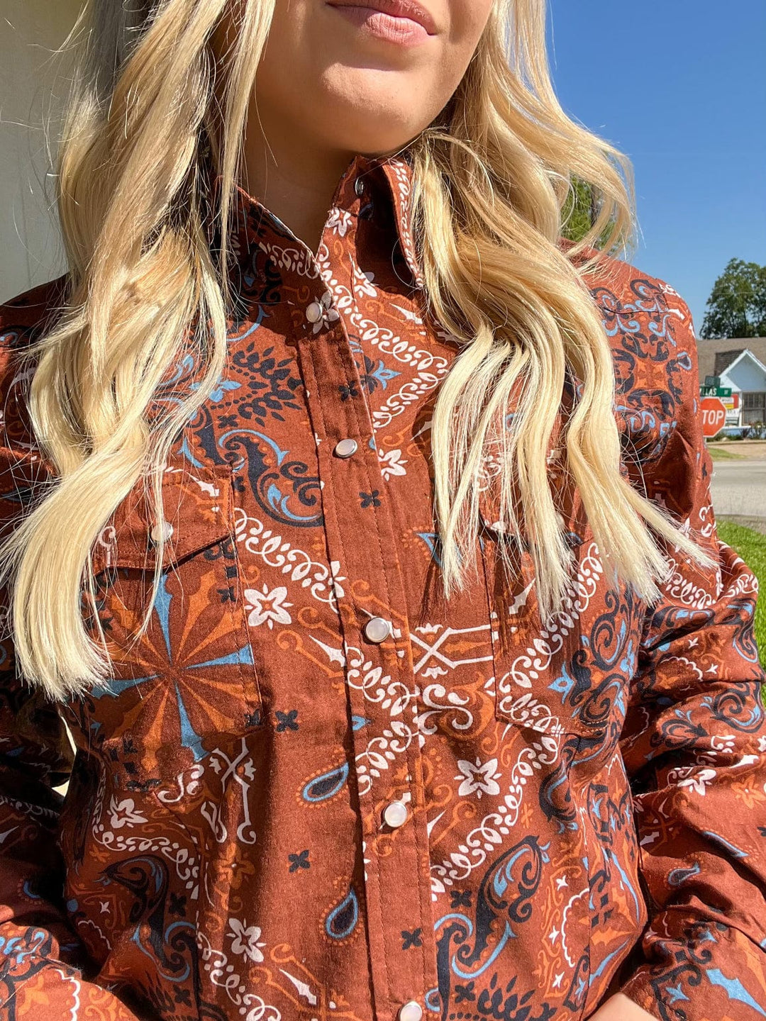 Curvy Brown Bandana Pearl Snap Shirt-Long Sleeves-Cotton & Rye-Whiskey Ray's Boutique, Women's Western Wear Boutique in Waxahachie, TX