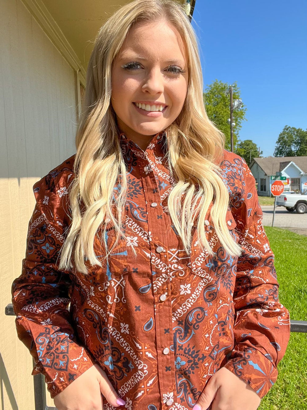 Curvy Brown Bandana Pearl Snap Shirt-Long Sleeves-Cotton & Rye-Whiskey Ray's Boutique, Women's Western Wear Boutique in Waxahachie, TX