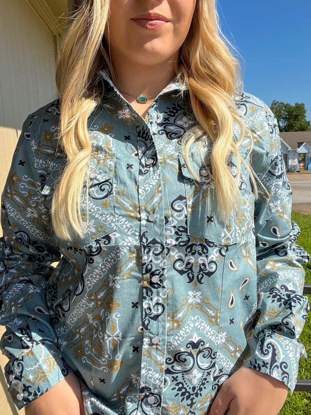 Curvy Blue Bandana Pearl Snap Shirt-Long Sleeves-Cotton & Rye-Whiskey Ray's Boutique, Women's Western Wear Boutique in Waxahachie, TX
