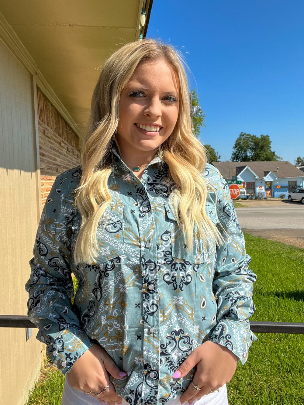 Curvy Blue Bandana Pearl Snap Shirt-Long Sleeves-Cotton & Rye-Whiskey Ray's Boutique, Women's Western Wear Boutique in Waxahachie, TX