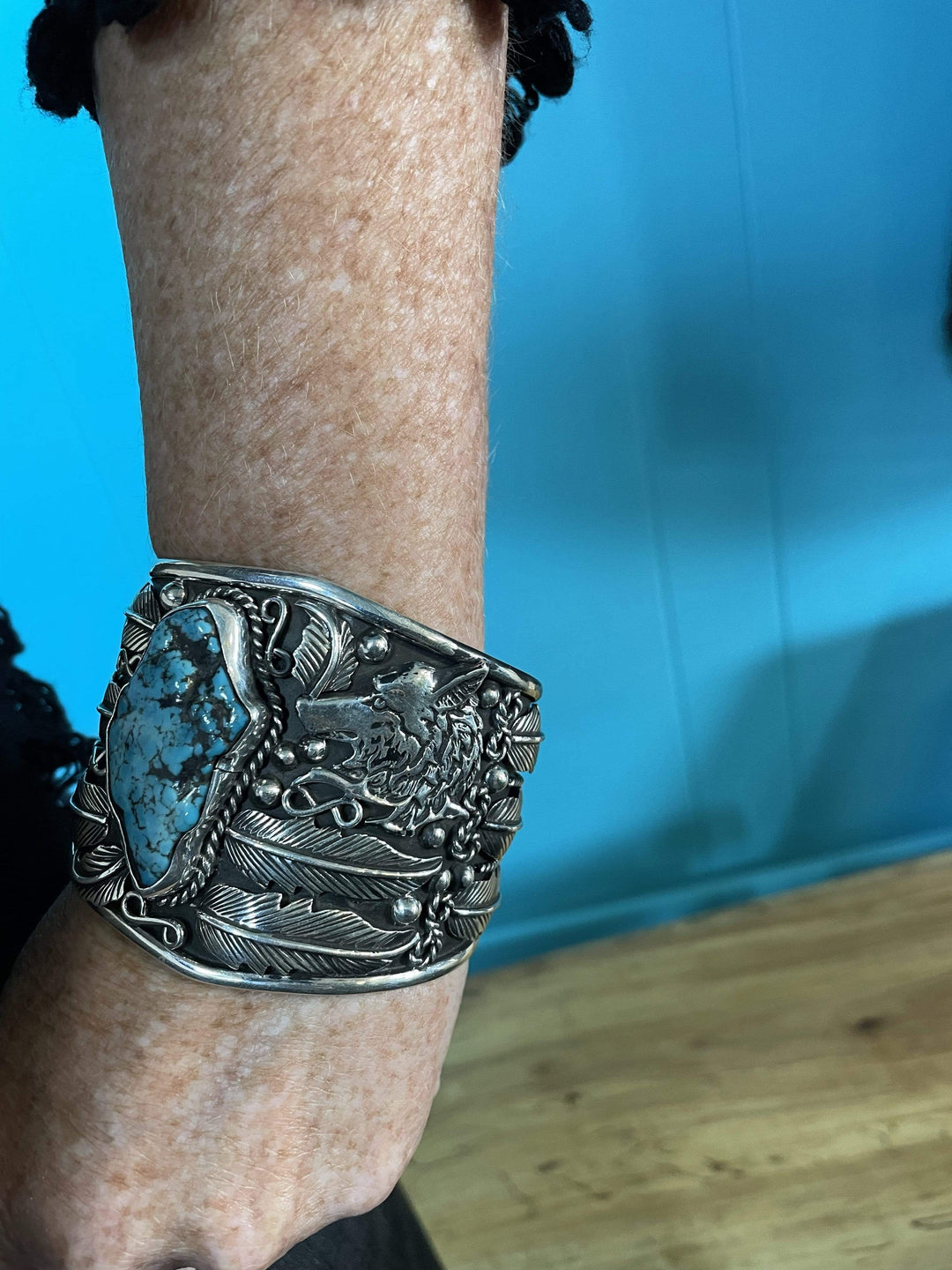 Juan Antonio Feather and Wolf Cuff-Bracelets-Juan Antonio-Whiskey Ray's Boutique, Women's Western Wear Boutique in Waxahachie, TX