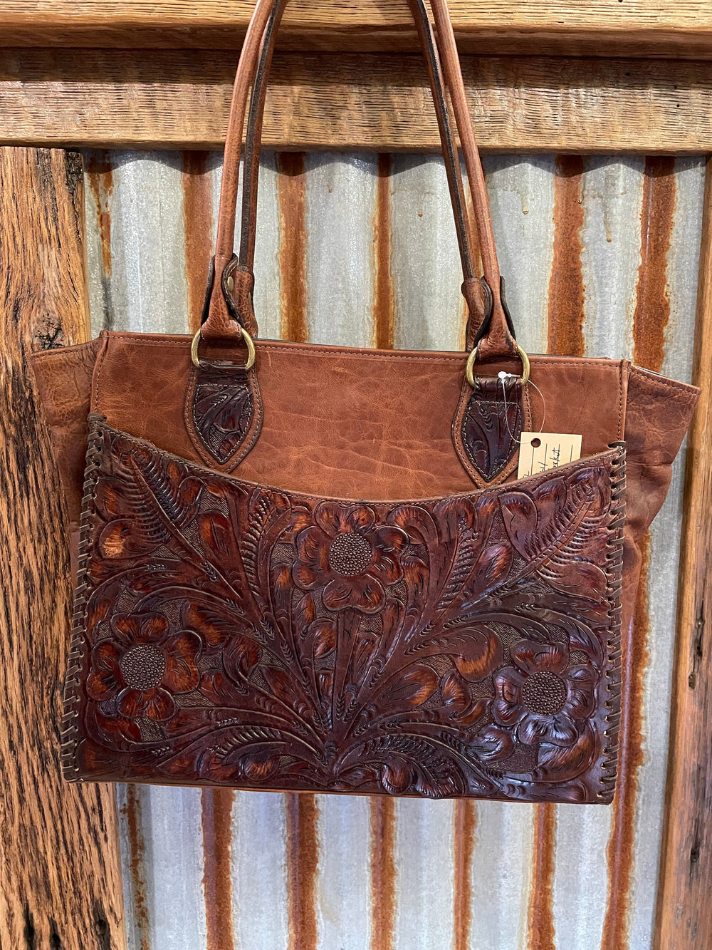 Juan Antonio Bison with Tooled Brown Handbag-Handbags-Juan Antonio-Whiskey Ray's Boutique, Women's Western Wear Boutique in Waxahachie, TX