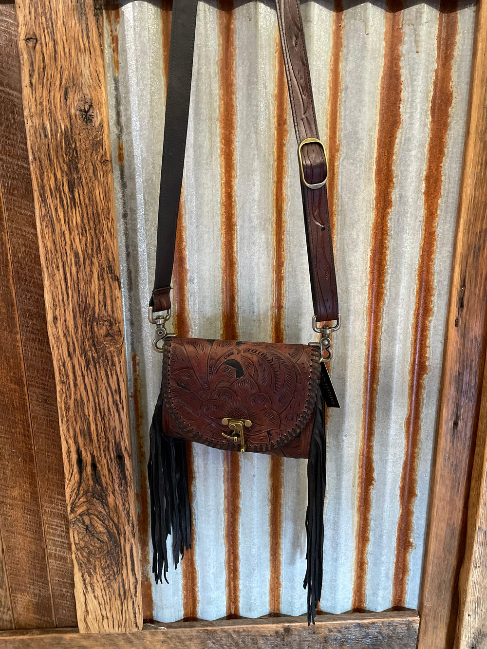 Juan Antonio Tooled Brown/Black inlay Crossbody-Handbags-Juan Antonio-Whiskey Ray's Boutique, Women's Western Wear Boutique in Waxahachie, TX