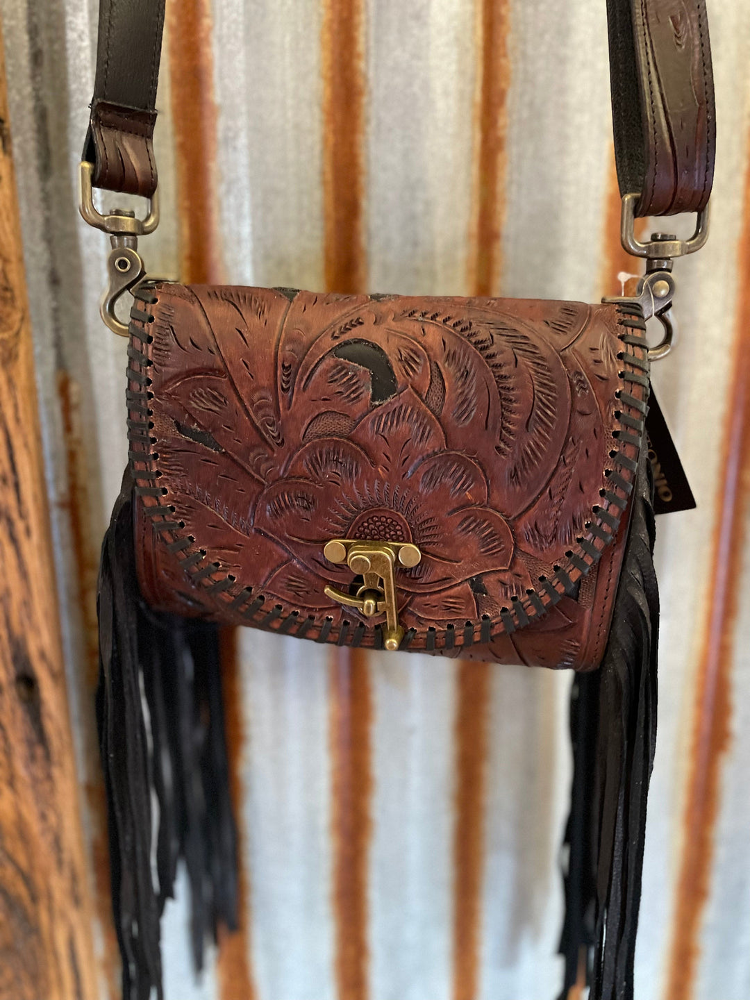 Juan Antonio Tooled Brown/Black inlay Crossbody-Handbags-Juan Antonio-Whiskey Ray's Boutique, Women's Western Wear Boutique in Waxahachie, TX