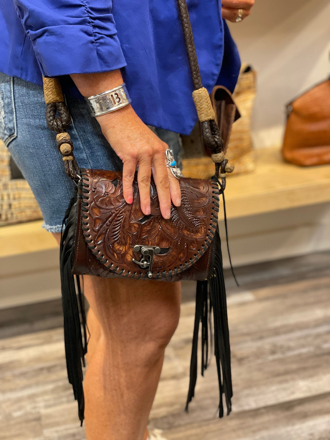Juan Antonio Tooled Brown/Black inlay Crossbody-Handbags-Juan Antonio-Whiskey Ray's Boutique, Women's Western Wear Boutique in Waxahachie, TX